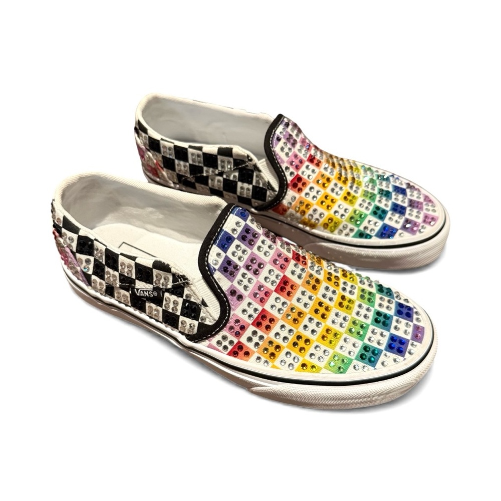 Custom Vans Slip-On Shoes Rainbow Checkered Rhinestone Pride Bling Festival